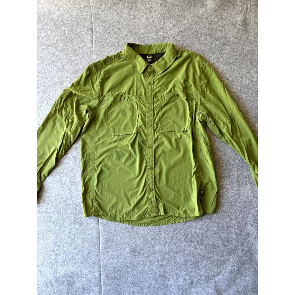 REI Co-op Shirt Mens Large Green Button Front Pockets Outdoor Camping Hiking